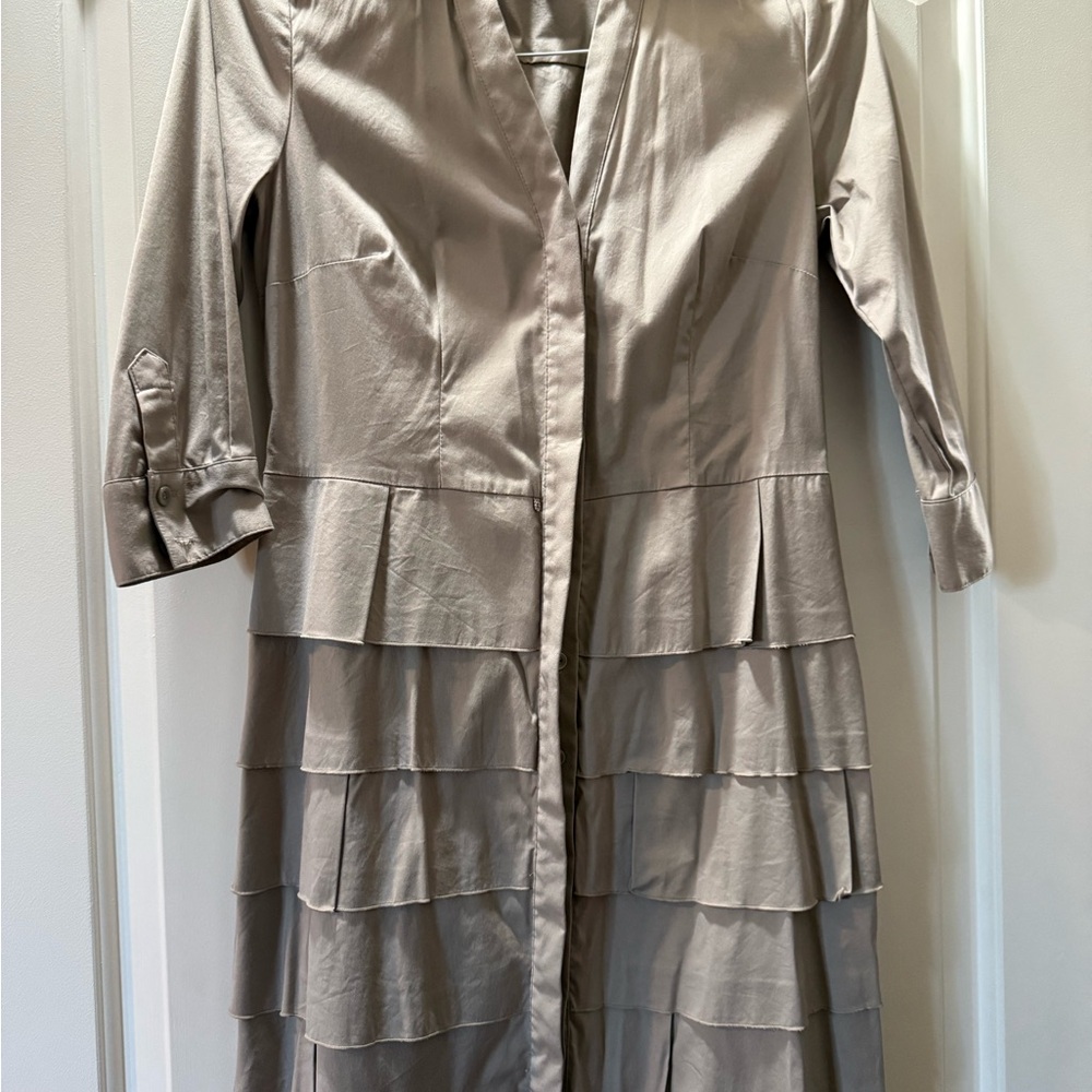 Alfani Taupe Satin-Look Tiered Midi Dress with V-Neck